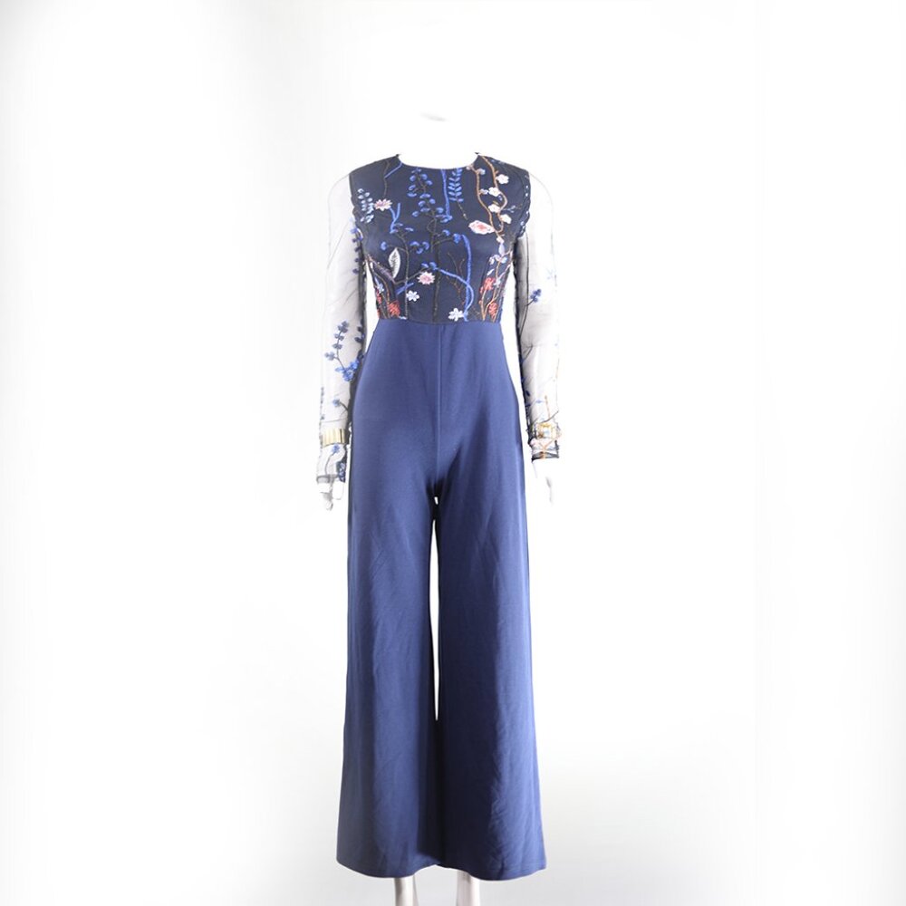 Navy Blue Embroidered Sheer Sleeve Chic Jumpsuit